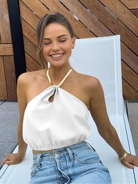 Commense White Halter Crop Top with Gold Neck Strap